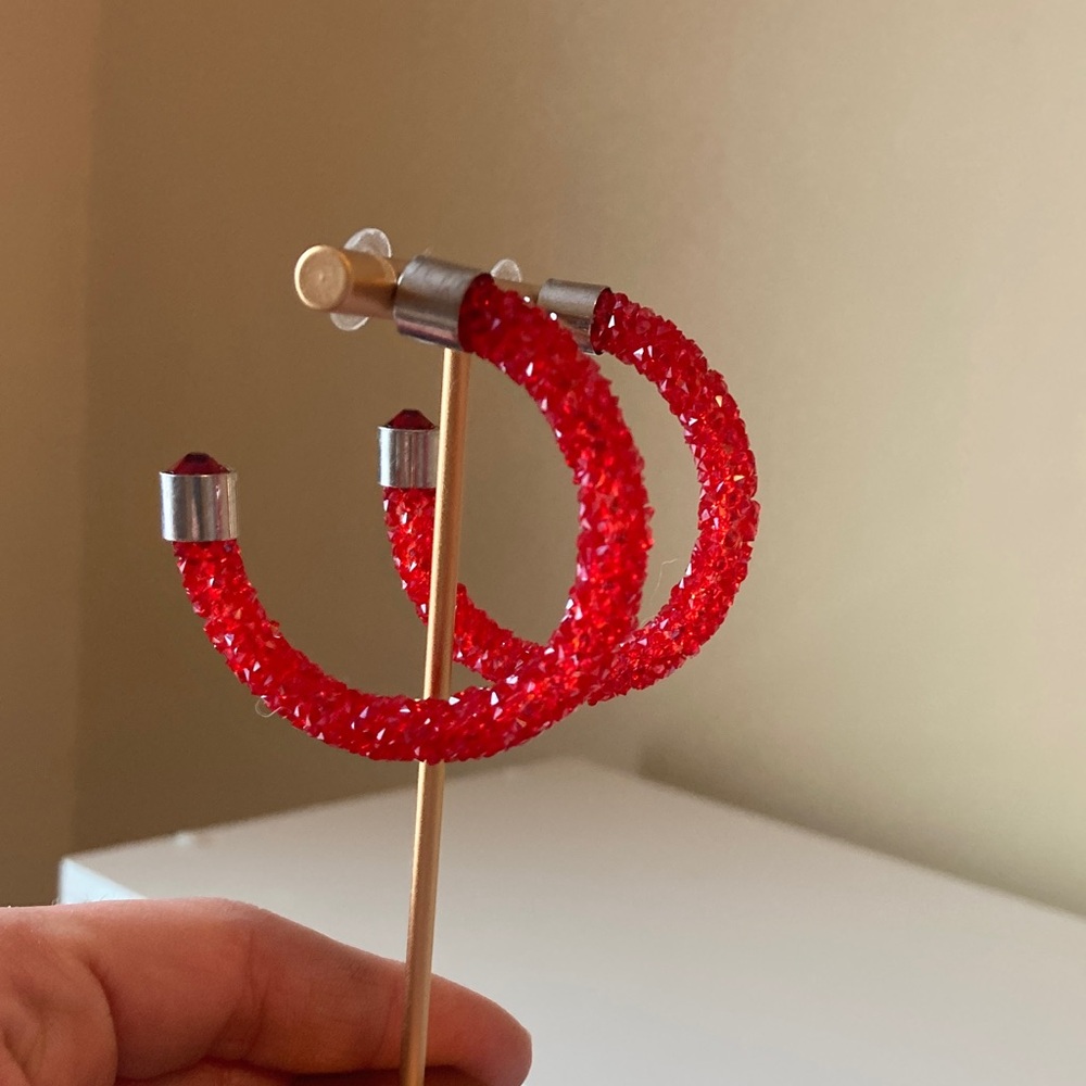 Red Crystal Textured Hoop Earrings - Picture 1 of 9